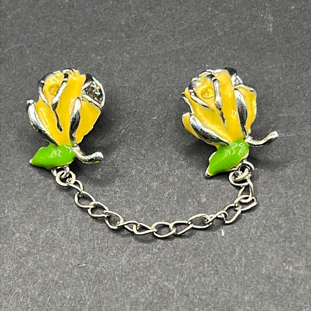 Vintage enamel rose chatelaine brooch